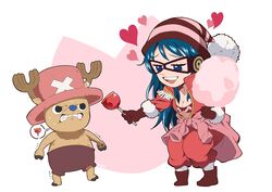  1boy angry blue_eyes blue_hair breasts brown_gloves candy_apple cotton_candy female food gloves hat heart jacket long_hair medium_breasts one_piece open_mouth porche_(one_piece) pori_(kmt_pori) red_jacket reindeer shorts striped_clothes striped_headwear teeth tony_tony_chopper 