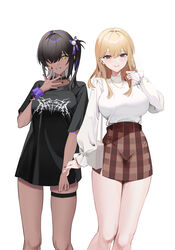  2girls alternate_costume black_choker black_hair black_nails black_shirt blonde_hair breasts brown_eyes brown_nails checkered_clothes choker collared_shirt commentary dark-skinned_female dark_skin dazzling_pearl_(nikke) earrings goddess_of_victory:_nikke grin guriddopitto hair_over_one_eye hair_ribbon hashtag-only_commentary highres jewelry long_hair long_sleeves multiple_girls naga_(nikke) necklace no_pants oversized_clothes oversized_shirt parted_lips plaid plaid_skirt puffy_long_sleeves puffy_sleeves ribbon shirt shirt_tucked_in short_sleeves skindentation skirt smile standing striped t-shirt tia_(nikke) white_shirt yellow_eyes 