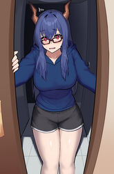  absurdres alternate_costume alternate_hairstyle arknights bespectacled black_shorts blue_hair blue_sweater blush breasts bright_pupils ch&#039;en_(arknights) doorway dragon_girl dragon_horns feet_out_of_frame female glasses hair_down highres hood hood_down hooded_sweater horns large_breasts long_hair looking_at_viewer open_mouth pov_doorway red_eyes short_shorts shorts solo sweatdrop sweater thighs tofudofu white_pupils 