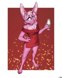  2024 anthro barefoot bat breasts choker clothing confetti digital_media_(artwork) digitigrade feet female foxboy83 fur hair hi_res holding_champagne_glass horn jewelry kullax looking_aside mammal necklace pink_body pink_eyes pink_fur pink_hair red_clothing simple_background smile solo standing tail 