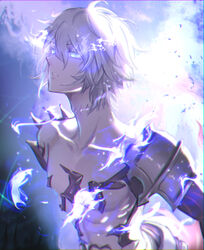  1boy armor glowing glowing_eyes granblue_fantasy highres lucilius_(granblue_fantasy) male_focus scar scar_on_neck short_hair shoulder_armor solo sw21159502 toned toned_male white_eyes white_hair 