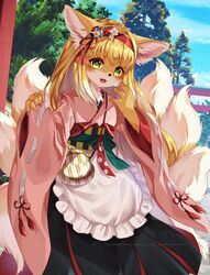  alternate_species alternative_fashion anthro arknights asian_clothing asian_mythology branch canid canine clothed clothing cloud east_asian_clothing east_asian_mythology female forest forest_background fox furrification happy headdress hypergryph j-fashion japanese_clothing japanese_mythology lolita_(fashion) mammal multi_tail mythology nature nature_background open_mouth outside plant purse ruri_tsubame sky skyscape smile smiling_at_viewer solo studio_montagne suzuran_(arknights) tail torii torii_gate tree wa_lolita 