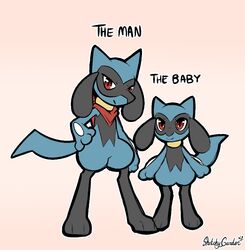  accessory ambiguous_gender anthro bandana biped blue_body blue_fur duo fur generation_4_pokemon kerchief looking_at_viewer nintendo pokemon pokemon_(species) red_eyes riolu sketchygarden standing text 