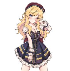  :o aa211108 blonde_hair blue_eyes breasts checkered_clothes checkered_dress cleavage collarbone dress female frilled_dress frills idolmaster idolmaster_cinderella_girls idolmaster_cinderella_girls_starlight_stage long_hair medium_breasts ohtsuki_yui one_eye_closed red_headwear solo v wavy_hair wrist_cuffs 