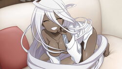  absurdly_long_hair ahoge artist_request blush breasts closed_eyes couch dark-skinned_female dark_skin doppel_(monster_musume) female game_cg hair_censor long_hair medium_breasts monster_musume_no_iru_nichijou monster_musume_no_iru_nichijou_online naked_shirt official_art on_couch prehensile_hair shirt solo very_long_hair white_shirt 