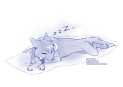  ambiguous_gender bedding black_and_white blanket canid canine closed_eyes feathers feral fox lying mammal monochrome on_side paws rukifox sleeping solo sound_effects vowelless vowelless_sound_effect zzz 