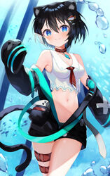  absurdres animal_ears black_hair black_jacket blue_eyes blush bubble cat_ears cat_girl cat_tail choker commission crop_top female fish_hair_ornament hair_ornament highres indie_virtual_youtuber jacket maguro_neko multiple_thigh_straps okomeillust open_clothes open_jacket red_choker shirt short_hair skeb_commission smile solo tail virtual_youtuber white_shirt 