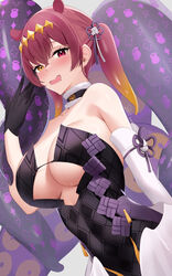  absurdres bare_shoulders black_choker black_dress black_gloves black_ribbon blush breasts choker commentary cosplay detached_sleeves dress english_commentary female gloves hair_between_eyes hair_ribbon heterochromia highres hololive hololive_english houshou_marine large_breasts looking_at_viewer medium_hair ninomae_ina&#039;nis ninomae_ina&#039;nis_(1st_costume) ninomae_ina&#039;nis_(cosplay) open_mouth red_eyes red_hair ribbon skai_kun solo strapless strapless_dress tentacle tentacle_hair tube_dress twintails virtual_youtuber white_sleeves yellow_eyes 