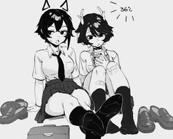  2girls antlers bag bandaid bandaid_on_knee bandaid_on_leg black_socks blush bow bowtie breasts catherine_(sedai) cellphone choker collared_shirt commentary crossed_ankles crossed_bangs double-parted_bangs drawn_ears english_commentary feet foreshortening full_body greyscale hand_up highres horns hot k-rha&#039;s knees_up large_breasts legs loafers looking_down looking_to_the_side medium_breasts miniskirt monochrome multiple_girls nail_polish necktie no_shoes o-ring o-ring_choker oaklyn_(k-rha) on_ground open_mouth original phone pleated_skirt school_bag school_uniform shirt shoes short_hair sideways_glance simple_background sitting skirt smartphone socks soles sweatdrop swept_bangs teeth temperature unworn_shoes upper_teeth_only 