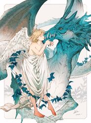  affectionate ancient_greek_clothes bare_shoulders barefoot blonde_hair blue_theme breasts chinese_zodiac cleavage closed_eyes closed_mouth collarbone dated dragon dragon_wings feathered_wings female greco-roman_clothes hand_up hatching_(texture) highres kissing kissing_cheek kuroimori orange_eyes original outside_border outstretched_arm plant plantar_flexion robe short_hair signature skirt_hold sleeveless standing standing_on_one_leg vines western_dragon white_robe white_wings wings year_of_the_dragon 