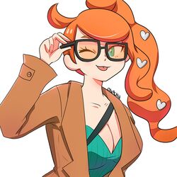  adjusting_eyewear aqua_eyes aqua_shirt artist_name bespectacled breasts brown_coat cleavage coat female glasses hair_ornament heart heart_hair_ornament highres large_breasts medium_breasts onac911 one_eye_closed orange-tinted_eyewear orange_hair pokemon pokemon_swsh ribbed_shirt shirt side_ponytail solo sonia_(pokemon) sunglasses tinted_eyewear tongue tongue_out upper_body v-neck 