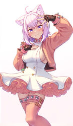  absurdres ahoge alternate_costume animal_ears blush bracelet breasts cat_ears cat_girl cat_tail choker closed_mouth cosplay crossed_bangs dress elphelt_valentine elphelt_valentine_(cosplay) feet_out_of_frame female fingerless_gloves gloves guilty_gear guilty_gear_strive hair_between_eyes highres hololive jacket jewelry layered_skirt looking_at_viewer medium_breasts nekomata_okayu open_clothes open_jacket pink_jacket pink_thighhighs purple_eyes purple_hair shironekokfp sideboob simple_background skirt smile spiked_bracelet spiked_choker spiked_legwear spikes tail thighhighs virtual_youtuber white_background white_dress zettai_ryouiki 