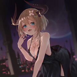  aogiri_koukou bare_shoulders bent_over black_dress black_horns blue_eyes blurry blurry_background bob_cut bracelet breasts brown_hair chest_tattoo cityscape collarbone demon_horns dress earrings female flower gold_earrings hair_flower hair_ornament highres horn_ornament horn_ring horns jewelry kkix25 kurikoma_komaru oerba_yun_fang saliva saliva_trail scar scar_on_cheek scar_on_face skin_fang solo tattoo virtual_youtuber white_flower 