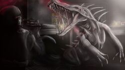  16:9 2018 4k absurd_res action_pose action_scene ambiguous_gender armor assault_rifle bared_teeth bodily_fluids bullet_wound bulletproof_vest claws containment_breach detailed_background digital_media_(artwork) digital_painting_(artwork) dracoscurra duo eyeless feral fight gun headgear helmet hi_res holding_object holding_weapon human mammal mobile_task_force_nu-7 monster muscular muscular_ambiguous muscular_feral on_hind_legs open_mouth pose ranged_weapon restricted_palette rifle saliva scp-939 scp_foundation sharp_teeth shooting spines teeth tongue vein violence weapon widescreen wounded 