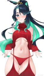  absurdres aqua_eyes bare_shoulders black_hair blush breasts cloud_retainer_(genshin_impact) colored_inner_hair detached_sleeves female genshin_impact glasses green_hair hair_ornament highres jewelry large_breasts long_hair looking_at_viewer meme_attire multicolored_hair navel panties reiko_lape ribbed_panties ribbed_sleeves ribbed_thighhighs simple_background solo sweater thick_thighs thighhighs thighs turtleneck two-tone_hair underboob underwear very_long_hair virgin_destroyer_sweater white_background xianyun_(genshin_impact) 