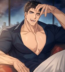  1boy ;d bara black_hair blue_eyes blue_shirt bursting_pectorals couch domo_(domo_kizusuki) hand_on_own_head highres indoors kokado_shido_(domo) large_pectorals male_focus muscular muscular_male night on_couch one_eye_closed original pectoral_cleavage pectorals shirt short_hair sideburns sitting sky skyline smile solo star_(sky) starry_sky thick_eyebrows tight_clothes tight_shirt upper_body v-neck veins 