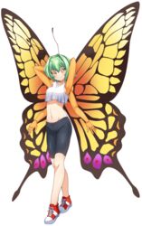  antennae artist_request bike_shorts blush breasts butterfly_girl chitin compound_eyes crop_top extra_arms female flare_(monster_musume) full_body game_cg green_hair hair_intakes insect_wings looking_at_viewer medium_breasts medium_hair midriff monster_musume_no_iru_nichijou monster_musume_no_iru_nichijou_online navel official_art red_footwear shoes smile sneakers tachi-e tank_top transparent_background white_tank_top wings yellow_eyes 