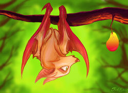  2013 ambiguous_gender bat bat_ears bat_wings cheek_tuft cinemamind digital_media_(artwork) digital_painting_(artwork) facial_tuft feral fur fur_tuft green_background hanging_from_branch mammal mango megabat membrane_(anatomy) membranous_wings nature nature_background orange_body orange_ears orange_fur orange_tuft plant prick_ears red_membrane red_nose red_wings signature simple_background tree tuft upside-down wings yellow_eyes 