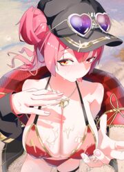  absurdres baseball_cap bikini black_hat black_jacket blush breasts cleavage eyewear_on_head female gold_necklace gurumie hair_bun hat heart heart-shaped_eyewear heart_necklace heterochromia highres hololive houshou_marine houshou_marine_(summer) jacket jewelry large_breasts long_hair looking_at_viewer lotion necklace official_alternate_costume red_bikini red_eyes red_jacket sand single_hair_bun solo sunglasses sunscreen swimsuit thigh_strap tongue tongue_out two-sided_fabric two-sided_jacket virtual_youtuber yellow_eyes 