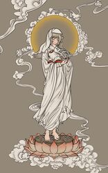  barefoot bodhisattva chimera closed_eyes cloud dungeon_meshi falin_touden falin_touden_(chimera) falin_touden_(tallman) feathered_wings female full_body grey_background grey_hair halo highres korean_commentary long_sleeves lotus_pedestal on_flower robe severed_torso short_hair smile solo standing veil vkflsalto_1 white_robe white_veil wide_sleeves wings 