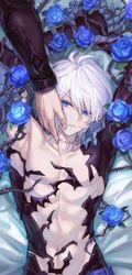  2boys arms_up blue_eyes blue_flower blue_rose flower granblue_fantasy hand_on_another&#039;s_cheek hand_on_another&#039;s_face highres lucilius_(granblue_fantasy) lying male_focus multiple_boys on_back rose scar scar_on_neck sw21159502 thorns toned toned_male white_hair 