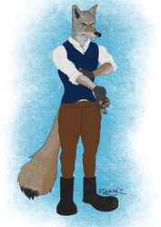  anthro boots canid canine canis cigar cigarillo classy claws clothed clothing coyote digital_media_(artwork) footwear fur hi_res male mammal rugged ryuka serious simple_background solo tail well_dressed 