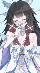  bare_shoulders black_hair blue_background blush bow closed_eyes closed_mouth columbina_(genshin_impact) commentary dress eye_mask facing_viewer female flower genshin_impact gradient_hair hair_ribbon hand_up head_wings highres holding holding_flower izayoiyu long_hair mask multicolored_hair off-shoulder_dress off_shoulder red_hair ribbon simple_background solo untranslatable_commentary upper_body white_bow white_dress white_ribbon white_wings wings wrist_bow 