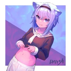  :q animal_ear_fluff animal_ears black_hairband cat_ears cat_girl clothes_lift commentary_request crossed_bangs female hair_between_eyes hairband hatomugi_seika highres hololive lifting_own_clothes long_sleeves looking_at_viewer navel nekomata_okayu nekomata_okayu_(school_uniform) purple_eyes purple_hair sailor_collar shirt_lift short_hair shorts solo stomach tongue tongue_out virtual_youtuber white_sailor_collar white_shorts 
