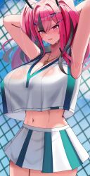  96mako absurdres armpits arms_up azur_lane bare_shoulders blue_sky blush breasts bremerton_(azur_lane) bremerton_(scorching-hot_training)_(azur_lane) chain-link_fence cleavage cloud collarbone commentary cowboy_shot crop_top crop_top_overhang day female fence green_skirt grey_streaks hair_between_eyes hair_intakes hair_ornament heart heart_necklace highres jewelry large_breasts long_hair midriff mole mole_under_eye multicolored_hair navel necklace official_alternate_costume open_mouth outdoors pink_eyes pink_hair shirt sidelocks skirt sky sleeveless sleeveless_shirt solo sportswear standing streaked_hair sweat teeth tennis_uniform twintails two-tone_hair two-tone_shirt two-tone_skirt upper_teeth_only wet wet_clothes wet_shirt white_shirt white_skirt x_hair_ornament 