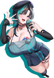  absurdres arisugawa_ya bare_shoulders beret black_choker black_hair breasts choker cleavage commentary_request detached_sleeves earrings female from_above green_hair hat highres holding holding_microphone hololive hololive_dev_is jewelry large_breasts looking_at_viewer medium_hair microphone multicolored_hair open_mouth red_eyes rindo_chihaya solo streaked_hair thigh_strap v virtual_youtuber white_hair 
