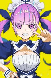  absurdres ahoge anchor_symbol arm_up artist_name blue_bow blue_bowtie blue_dress blue_hair blue_ribbon blue_streaks blunt_bangs bow bowtie braid breasts cleavage cleavage_cutout clothing_cutout collar collarbone colored_inner_hair commentary dot_nose dress drill_hair eyes_visible_through_hair fanged_bangs female framed_breasts frilled_hairband frilled_shirt_collar frills grin hair_ribbon hairband hand_on_own_hip highres hololive long_hair looking_at_viewer maid_headdress medium_breasts minato_aqua minato_aqua_(1st_costume) mugi626 multicolored_hair puffy_short_sleeves puffy_sleeves purple_eyes purple_hair ribbon short_eyebrows short_sleeves side_braids sidelocks simple_background smile solo streaked_hair twin_drills twintails two-tone_hair upper_body v v-shaped_eyebrows virtual_youtuber white_bow white_collar white_hairband white_trim white_wrist_cuffs wrist_cuffs yellow_background 