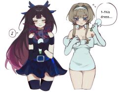  2girls alien_stage asymmetrical_gloves black_dress black_gloves black_hair black_thighhighs blue_eyes brown_hair closed_eyes clothing_cutout columbina_(genshin_impact) commentary cosplay cropped_legs dress earrings eighth_note elbow_gloves english_commentary english_text flying_sweatdrops gloved_sleeves gloves hair_ribbon hairband holding holding_microphone jewelry juliet_sleeves long_sleeves microphone mizi_(alien_stage) mizi_(alien_stage)_(cosplay) multicolored_hair multiple_girls musical_note off-shoulder_dress off_shoulder puffy_sleeves purple_hair ribbon sandrone_(genshin_impact) shoulder_cutout single_elbow_glove spoken_musical_note sua_(alien_stage) sua_(alien_stage)_(cosplay) thighhighs tress_ribbon two-tone_hair uneven_gloves white_dress white_hairband wompompd 