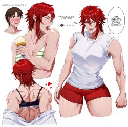  1boy aizawa_tomo bare_shoulders bikini black_sports_bra breasts brown_hair cleavage collarbone commentary cropped_head cropped_legs cropped_torso english_commentary female green_bikini gym_uniform hair_between_eyes highres holding holding_ice_cream_cone ice_cream_cone kubota_junichirou licking_lips licking_own_arm multiple_views muscular muscular_female n10_arts red_eyes red_hair red_shorts shiny_skin shirt short_hair shorts sleeves_rolled_up sports_bra striped_bikini striped_clothes swimsuit tomo-chan_wa_onna_no_ko tongue tongue_out undressing white_background white_shirt 