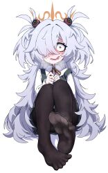  black_pantyhose blue_archive brown_ribbon commentary_request diagonal-striped_ribbon dr_yamero dress drooling eyeball_hair_ornament feet female foot_focus grey_hair hair_over_one_eye halo highres kanoe_(blue_archive) long_hair looking_at_viewer no_shoes open_mouth orange_halo pantyhose pinafore_dress ribbon saliva scar scar_on_neck shirt simple_background sleeveless sleeveless_dress smile steaming_body sweat two_side_up white_background white_shirt wide-eyed yellow_eyes 