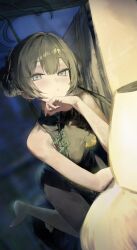  black_dress black_hair blue_archive blush breasts china_dress chinese_clothes commentary_request double_bun dress female grey_eyes hair_bun hair_ornament halo kisaki_(blue_archive) menome111 sleeveless small_breasts solo 