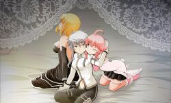  3girls ahoge bare_back bedroom black_boots black_dress black_gloves black_pantyhose black_skirt blonde_hair boots breasts card_(medium) carpet clothing_cutout collared_shirt corbeau_(madoka_magica) crossed_legs curtains dress elbow_gloves fake_tail full_body fur-trimmed_boots fur-trimmed_dress fur-trimmed_thighhighs fur_trim game_asset gloves grey_hair hand_on_another's_head high_collar hug indoors lace lapin_(madoka_magica) large_breasts long_dress long_sleeves looking_at_another low_neckline magia_record:_mahou_shoujo_madoka_magica_gaiden magical_girl mahou_shoujo_madoka_magica mahou_shoujo_tart_magica masu_gitsune miniskirt minou_(madoka_magica) multiple_girls navel no_mask official_art on_bed one_eye_closed pantyhose parted_lips pink_boots pink_eyes pink_gloves pink_hair pleated_skirt rabbit_tail shaded_face shirt short_dress short_hair_with_long_locks siblings sisters sitting skirt sleeveless sleeveless_dress stomach_cutout tail thighhighs white_dress white_gloves white_shirt zettai_ryouiki 