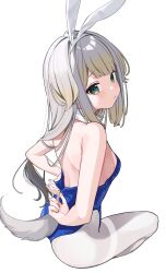  absurdres adjusting_clothes alternate_costume animal_ear_hairband animal_ears blonde_hair blue_leotard blunt_bangs blush breasts commentary detached_collar dog_ears dog_girl dog_tail embarrassed fake_animal_ears female from_behind gradient_hair green_eyes grey_hair hair_flaps hairband highleg highres leotard long_hair looking_at_viewer multicolored_hair nijisanji nikuya_mugi pantyhose playboy_bunny rabbit_ear_hairband rabbit_ears shioriha_ruri sideboob sidelocks sitting small_breasts strapless strapless_leotard tail thighband_pantyhose untranslatable_commentary virtual_youtuber white_pantyhose 