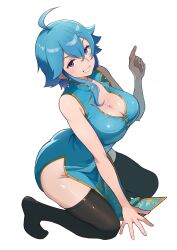  absurdres ahoge ass bare_arms blue_hair blue_tunic blush breasts cleavage commentary commission commissioner_upload dress earrings english_commentary female fire_emblem fire_emblem:_genealogy_of_the_holy_war grin groin hand_on_ground hand_up headband highres jewelry kneeling large_breasts looking_at_viewer mashiroshiro no_panties no_shoes open_clothes original pelvic_curtain popped_collar purple_eyes selia_(mrtalkingdino) short_hair sidelocks skeb_commission skindentation sleeveless sleeveless_dress smile solo thighhighs thighs tomboy transparent_background tunic white_headband 