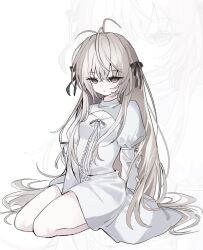  antenna_hair black_ribbon breasts cleavage_cutout clothing_cutout commentary dress female full_body highres kasugano_sora long_hair melongbeee purple_eyes ribbon seiza sitting small_breasts solo untranslatable_commentary white_background white_dress white_hair yosuga_no_sora zoom_layer 