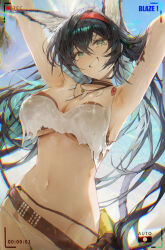  animal_ears arknights belt bikini black_hair blaze_(arknights) blaze_(summer)_(arknights) blue_sky breasts brown_belt cat_ears cat_girl cat_tail character_name chromatic_aberration cleavage commentary female green_eyes hairband highres jewelry large_breasts long_hair navel necklace official_alternate_costume onedr recording red_hairband shirt sky smile solo stomach swimsuit tail torn_clothes torn_shirt very_long_hair white_bikini white_shirt 