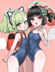  2girls :3 absurdres alternate_costume animal_ear_hairband animal_ears arm_behind_back bag bare_shoulders black_hair blue_one-piece_swimsuit blush bow breasts cat_ears colored_inner_hair covered_navel fake_animal_ears green_bow green_eyes green_hair hair_ornament hairband hairbow hairclip halo highres ishiro looking_at_another looking_at_viewer maid_headdress multicolored_hair multiple_girls nangong_yu one-piece_swimsuit open_mouth pink_background pink_hair red_eyes school_swimsuit simple_background small_breasts smile smug sunna_(zenless_zone_zero) swimsuit twintails v white_wings wings zenless_zone_zero 