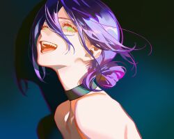  bare_shoulders black_choker blush chainsaw_man cherrymaru choker commentary english_commentary female green_eyes hair_between_eyes hair_bun highres long_bangs long_hair open_mouth purple_hair reze_(chainsaw_man) short_hair solo topless_female upper_body 