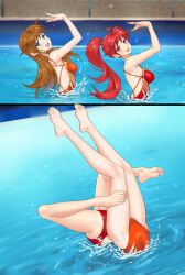  2girls :d alternate_costume arm_up armpits backless_swimsuit bare_arms bare_back bare_legs barefoot blue_eyes breasts brown_hair commentary commission covered_navel dancing duet english_commentary fire_emblem fire_emblem:_path_of_radiance fire_emblem:_radiant_dawn hair_tubes highres jill_(fire_emblem) knees_together_feet_apart legs legs_apart legs_up long_hair matching_pose medium_breasts mist_(fire_emblem) mist_(radiant_dawn)_(fire_emblem) multiple_girls multiple_views one-piece_swimsuit open_mouth orange_one-piece_swimsuit outdoors partially_submerged pink_eyes ponytail pool posing red_hair red_one-piece_swimsuit redkite333 sideboob smile sparkle splashing swimming swimsuit synchronized_swimming thighs thighs_together upside-down very_long_hair water 