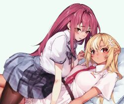  2girls :p absurdres arm_support asymmetrical_docking between_breasts black_pantyhose blonde_hair blue_bow blue_bowtie blue_skirt blush bow bowtie braid breast_press breasts buttons clothes_between_breasts commentary dark-skinned_female dark_elf dark_skin dress elf flower hair_flower hair_ornament half_up_braid heterochromia highres holding_hands hololive houshou_marine houshou_marine_(school_uniform) interlocked_fingers koubou_(cowbow_kun) large_breasts long_hair long_sidelocks looking_at_viewer multicolored_hair multiple_girls necktie necktie_between_breasts nervous_sweating no_jacket official_alternate_costume official_alternate_hairstyle pantyhose plaid_bow plaid_bowtie plaid_clothes plaid_skirt pointy_ears reclining red_eyes red_hair red_necktie shiny_clothes shiny_legwear shiranui_flare shiranui_flare_(hoodie) shirt short_sleeves sidelocks skirt strapless strapless_dress streaked_hair sweat tongue tongue_out virtual_youtuber white_dress white_flower white_shirt yellow_eyes 