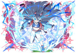  absurdres animal_ears anzo_(anzu_elichi0928) belt blue_eyes blue_hairband blue_jacket blue_shoes blue_sports_bra breasts clenched_teeth commentary_request ear_covers electric_eyes electricity eye_trail female fingerless_gloves gloves grey_hair hair_between_eyes hairband headband highres horse_ears horse_girl jacket light_trail lightning_bolt_print lightning_bolt_symbol long_hair long_sleeves midriff multicolored_hairband navel open_mouth pants red_belt red_headband red_socks running shoes small_breasts socks sports_bra striped_clothes striped_hairband tamamo_cross_(fast_as_lightning)_(umamusume) tamamo_cross_(umamusume) teeth two-tone_hairband umamusume very_long_hair white_pants 