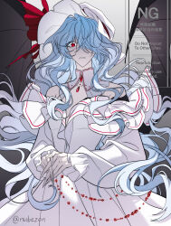  absurdres aged_up alternate_costume alternate_hair_length_(longer) bat_wings blue_hair commentary_request dress female fingernails frilled_dress frills hair_over_one_eye hat hat_ribbon highres long_fingernails long_hair long_sleeves looking_at_viewer mob_cap nubezon pointy_ears red_eyes remilia_scarlet ribbon sharp_teeth solo teeth touhou twitter_username very_long_fingernails very_long_hair watermark white_dress wings 