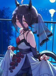  ahoge amenu_415 animal_ears black_hair breasts bride cleavage closed_mouth collarbone commentary_request dress female fingernails flower hair_between_eyes highres holding_own_dress horse_ears horse_girl horse_tail looking_at_viewer manhattan_cafe_(mysterious_rose)_(umamusume) manhattan_cafe_(umamusume) multicolored_hair nail_polish night official_alternate_costume red_flower red_nails red_rose rose see-through_clothes see-through_veil small_breasts smile solo streaked_hair tail umamusume veil wedding_dress white_hair white_streaks yellow_eyes 