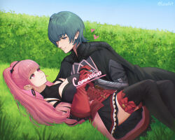  1boy absurdres black_cloak black_thighhighs blue_eyes blue_sky blunt_bangs breasts cleavage cloak commentary cross-laced_clothes detached_sleeves earrings english_commentary female fire_emblem fire_emblem:_three_houses grass green_hair heart hedge highres hilda_valentine_goneril hilda_valentine_goneril_(timeskip) hoop_earrings jewelry lesu lying male_byleth_(fire_emblem) medium_breasts on_back on_side outdoors pink_eyes pink_hair pink_skirt ponytail signature single_earring skirt sky thighhighs thighs 