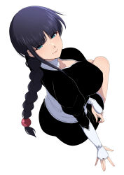  absurdres aqua_eyes arm_at_side ass beads black_hair black_kimono bleach blunt_bangs braid braided_ponytail breasts choker closed_mouth commentary_request eyelashes female from_above from_behind full_body hair_beads hair_ornament highres japanese_clothes juliet_sleeves kimono kurotsuchi_nemu large_breasts lips long_hair long_sleeves looking_at_viewer looking_up nishizuki_shino partial_commentary puffy_sleeves purple_hair short_kimono simple_background sitting solo tsurime very_long_hair white_background white_choker 