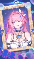  absurdres ahoge air_bubble bare_shoulders breasts bubble chains collarbone colored_extremities colored_inner_hair commentary denia_(wuthering_waves) dress female hair_ornament highres holding holding_picture_frame large_arm large_breasts long_hair looking_at_viewer mooruck4 multicolored_hair open_mouth picture_frame pink_hair purple_eyes purple_hair smile solo white_dress wuthering_waves 